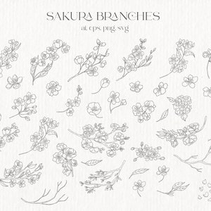 Sakura Blossom Ramos de Cerejeira Clipart Floral Logotipo Botânico Flor Linha Arte Decoração Aniversário Casamento Primavera Natureza Folhas PNG SVG ai eps
