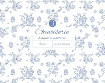 Patrón chinoiserie, Toile de Jouy, Papel digital, Papel de regalo, Imágenes prediseñadas, Imágenes prediseñadas de Pascua, Flores, Conejito, Sin costuras, Adorno, Huevo de Pascua