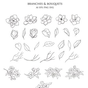 Botanical Magnolia Clipart Hand Drawn Floral Element Leaves Flower Wedding Foliage Branch Spring Decorate Collection Vector Set PNG EPS SVG
