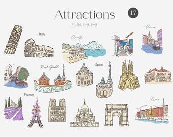 Imágenes prediseñadas de viajes, luna de miel, Europa, turismo, boda, atracciones, playa, monumentos, histórico, garabatos caprichosos, icono, arquitectura PNG