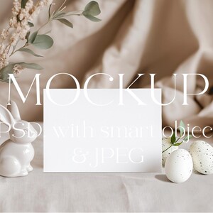 Convites de Páscoa Mockup, Coelho, Caça aos Ovos, Chá de Bebê, Minimalista Boho Kids Children Card Mock Up Smart Object, Cartão Mockup Berçário Mockup