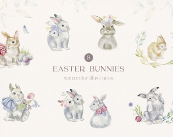 Easter Bunny Clipart Cute Rabbit Watercolor Animal Forest Woodland Flower Nursery Children Eggs Character Spring Bow Deco Cards Kids PNG