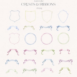 Crests, Wedding Crests, Watercolor crests, Watercolor, Clipart, Watercolor Clipart, Ribbons, Frames, Borders, Blue, Green, Pink, PNG