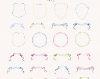Escudos, escudos de boda, escudos en acuarela, acuarela, imágenes prediseñadas, imágenes prediseñadas en acuarela, cintas, marcos, bordes, azul, verde, rosa, PNG