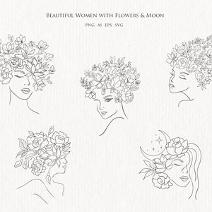 Mulheres menina cabeça rosto floral folha flores lua planta botânica moda clipart silhueta cabelo desenhado à mão tatuagem logotipo vetor linha arte png svg