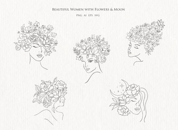 floral head svg women line drawing floral woman clipart woman svg flower head svg floral face svg woman face svg FLORAL WOMAN SVG