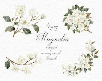 Watercolor White Magnolia Flower Bouquets Branches Arrangements Green Leaves Wedding Set Spring Greeting Card Aquarelle Digital Clipart PNG