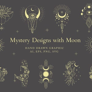 Maan clipart kristal hand getekende botanische bloemen bladeren maan bloem magische plant spirituele tak tattoo logo astrologie yoga kosmische goud SVG