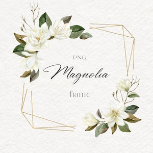 Magnolia, Aquarel, Clipart, Wit, Bloem, Frame, Rand, Takken, Goud, Groen, Groen, Bladeren, Bruiloft, Kaart, Digitaal, PNG
