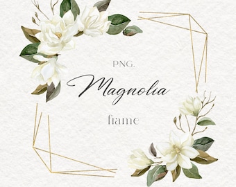 Magnolia, acuarela, imágenes prediseñadas, blanco, flor, marco, borde, ramas, oro, verde, vegetación, hojas, boda, tarjeta, digital, PNG