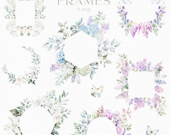 Marco de boda, marco de acuarela, imágenes prediseñadas, corona, flor, hortensia, lila, lirio, peonía, hoja, orquídea, glicina, rosa, lavanda, floral, PNG
