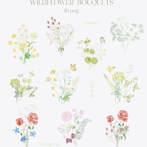 Bouquet de fleurs sauvages, aquarelle de fleurs sauvages, mariage, clipart floral, coquelicot, amomile, renoncule, prairie, champ, jaune, rouge, feuille PNG