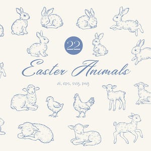 May include: A set of 22 hand-drawn illustrations of Easter animals, including bunnies, chicks, lambs, and a hen. The illustrations are in a blue and white color scheme and are perfect for use in Easter crafts, cards, and decorations.