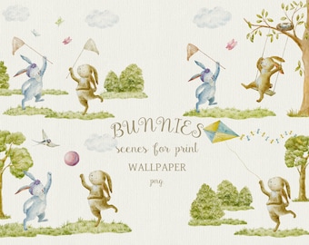 Bunnies, Tree, Bushes, Clipart, Watercolor, Wallpaper, Nursery, Nature, Summer, Meadow, Spring, Children Room, Kids, Poster, Forest, PNG