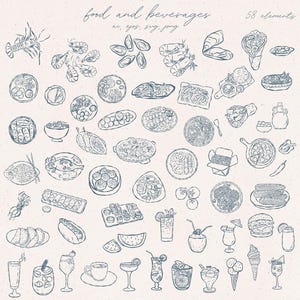 Clipart de comida, Clipart de bebida, Rabiscos, Menu, Restaurante, Bar, Mediterrâneo, Mar, Asiático, Férias, Logotipo, Ícone desenhado à mão, Clipart de arte de linha