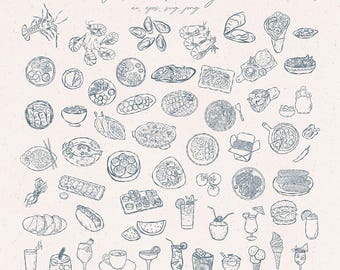Imágenes prediseñadas de comida, imágenes prediseñadas de bebidas, garabatos, menú, restaurante, bar, Mediterráneo, mar, Asia, vacaciones, logotipo, icono dibujado a mano, imágenes prediseñadas de arte lineal