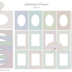 May include: A selection of embossed frames in pastel shades of blue, green, and pink. The frames feature oval and rectangular apertures, adorned with floral patterns. The image includes the text "Embossed Frames" and "23 png's".