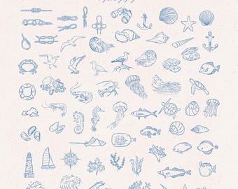 Imágenes prediseñadas de vida marina, subacuático, marino, animales marinos, garabatos, náutico, viajes, vacaciones, costero, comida, icono dibujado a mano, imágenes prediseñadas de arte lineal, SVG