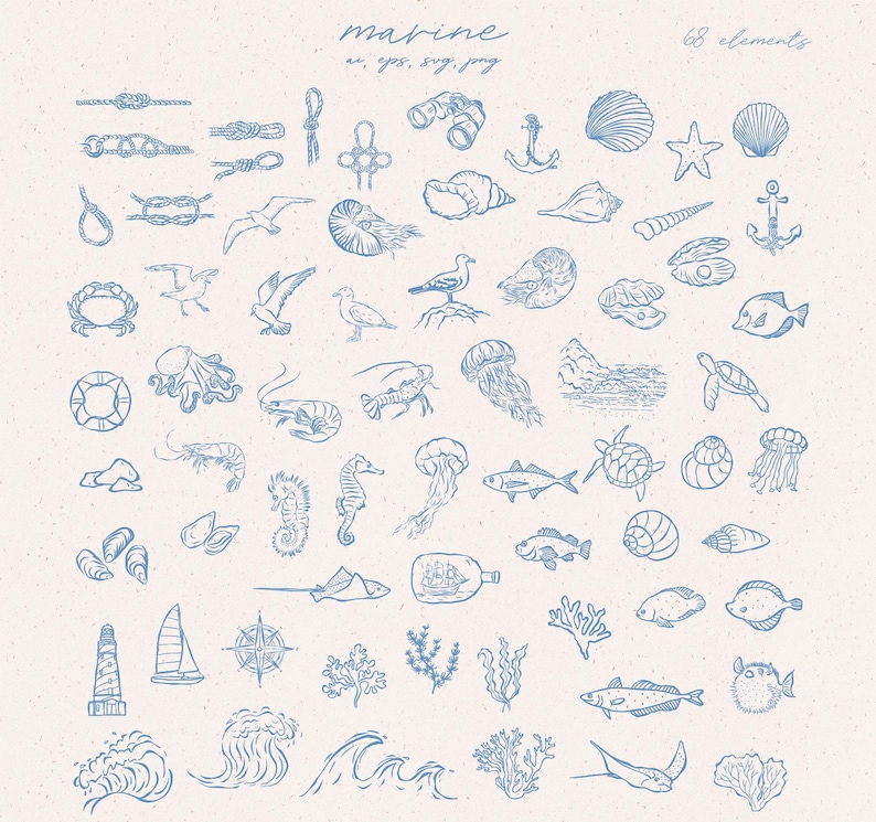 Pode incluir: Um conjunto de 68 ilustra&ccedil;&otilde;es desenhadas &agrave; m&atilde;o de vida marinha, objetos n&aacute;uticos e criaturas marinhas. As ilustra&ccedil;&otilde;es s&atilde;o em azul e branco e incluem um farol, conchas marinhas, um caranguejo, uma estrela do mar, um cavalo-marinho, uma &aacute;gua-viva, um peixe, um barco, uma b&uacute;ssola, uma onda e algas marinhas.