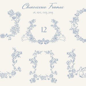 Toile de Jouy, cadre, clipart de chinoiseries, clipart Pâques, fleurs, lapin, mariage, vintage, clipart, oeufs d'ornement, carte d'invitation de vacances