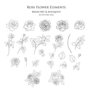 Botanical Rose Clipart Desenhado à mão Elementos florais Folhas Flor Folhagem de casamento Ramo Uma linha Arte Decorar Logotipo vetorial Conjunto PNG EPS SVG ai