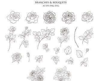 Botanical Rose Clipart Hand Drawn Floral Elements Leaves Flower Wedding Foliage Branch One Line Art Decorate Vector Logo Set PNG EPS SVG ai