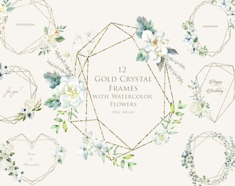 Watercolor Magnolia Lily Gardenia Anemone Peony Eucalyptus Hidrangea Orchid Geometric Gold Frame Clipart Leaf Flowers Crystal Wedding PNG