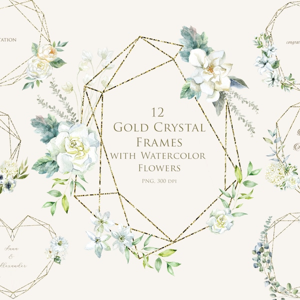 Watercolor Magnolia Lily Gardenia Anemone Peony Eucalyptus Hidrangea Orchid Geometric Gold Frame Clipart Leaf Flowers Crystal Wedding PNG