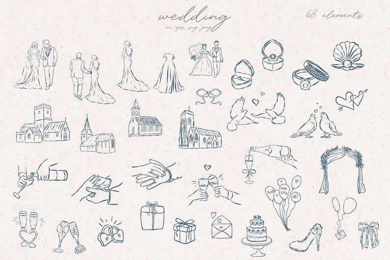 Puede incluir: Ilustraciones dibujadas a mano de elementos de boda, incluyendo parejas, iglesias, anillos, palomas, champ&aacute;n y una tarta. La palabra "wedding" est&aacute; escrita en la parte superior, junto con la fecha "09.09.19". Hay 68 elementos en total.