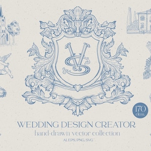 Trouwwapens, monogram, letters, alfabet, logo, bloemen, kaders, locatie, label, kaart, vintage, clipart, toile de jouy, barok-victoriaanse png