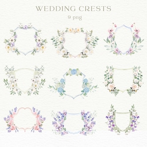 Stemmi nuziali, fiori, acquerello, cornice, clipart, aster, delphinium, ortensia, iris, anemone, peonia, rosa, foglia, ramo verde, PNG bianco