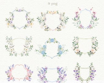 Wedding Crests, Flowers, Watercolor, Frame, Clipart, Aster, Delphinium, Hydrangea, Iris, Anemone, Peony, Rose, Leaf, Green Branch, White PNG
