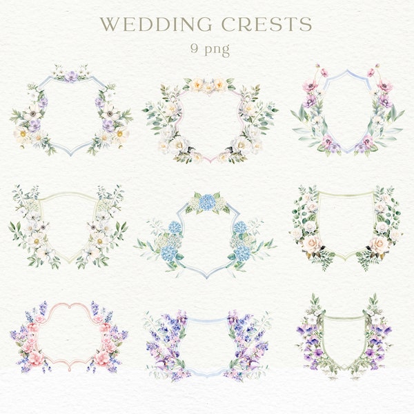 Wedding Crests, Flowers, Watercolor, Frame, Clipart, Aster, Delphinium, Hydrangea, Iris, Anemone, Peony, Rose, Leaf, Green Branch, White PNG