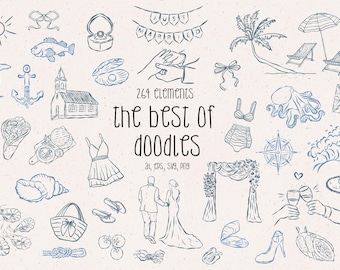 Wedding Clipart, Sealife, Beach, Underwater, Menu, Food, Drink, Hand Drawn Whimsical Quirky Doodles, Frame, Border, Icon, Bridal Invites PNG