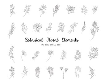 Botanical Clipart Hand Drawn Floral Leaves Peony Flowers Wedding Plant Ginkgo Eucalyptus Logo Branding Collection Vector Set PNG EPS SVG