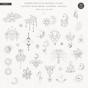 Maanfasen Zon Kristal Hemelse Clipart Floral Hand Maanbloem Magische Ster Oog Spirituele Lotus Tattoo Logo Astrologie Yoga Kosmische PNG SVG