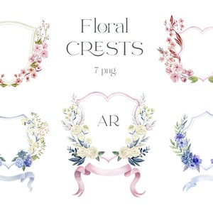 Brasões de casamento, flores, aquarela, clipart floral, molduras, rosa branca, peônia, cereja, anêmona, plantas, azul, rosa, folhas, fitas, PNG