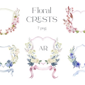 Wedding Crests, Flowers, Watercolor, Floral Clipart, Frames, White Rose, Peony, Cherry, Anemone, Plants, Blue, Pink, Leaves, Ribbons, PNG