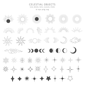 Fazy księżyca Słońce Gwiazda Promienie niebieskie Chmury Clipart Półksiężyc Księżyc Magia Duchowy Tatuaż Logo Astrologia Kosmiczna Pogoda Wektor PNG SVG