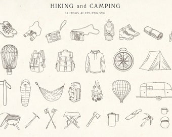 Icono de clipart de senderismo y camping dibujado a mano, pasión por viajar, turismo, vacaciones, aventura, arte lineal, símbolo, transporte, vintage PNG SVG