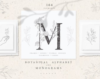 Botanical Hand Drawn Clipart Floral Alphabet Monogram Logo Leaves Flowers Frames Decorative Letters Wedding Invitation Vector PNG EPS AI