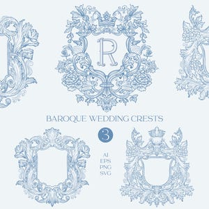 Armoiries de mariage, cadre baroque, victorien, chinoiseries, clipart toile de Jouy, logo, floral, mariage, étiquette, vintage, clipart, frontières, PNG