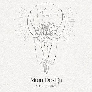 Loto, Fiore, Luna, Cristallo, Fasi, Clipart, Floreale, Lunare, Magia, Spirituale, Tatuaggio, Logo, Astrologia, Yoga, Cosmico, Linea arte, PNG, SVG