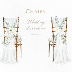 Aquarell, Hochzeit, Stuhl, Dekoration, Clipart, weiße Blumen, Pfingstrose, Eukalyptus, Rose, Einladung, Clip Art, Karte, Druck, PNG