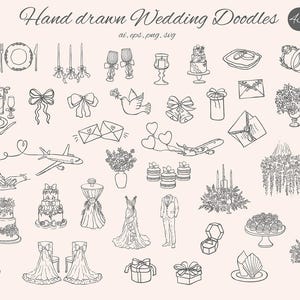 May include: Hand-drawn wedding doodles in black and white. The image includes illustrations of wedding cakes, rings, flowers, champagne glasses, and wedding attire. The text "Hand drawn Wedding Doodles" is at the top.