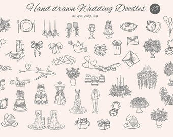 Clipart de boda, garabatos caprichosos, invitación de boda, íconos, invitaciones de novia, lazo, decoración, comida, anillos, ícono, arte lineal PNG SVG