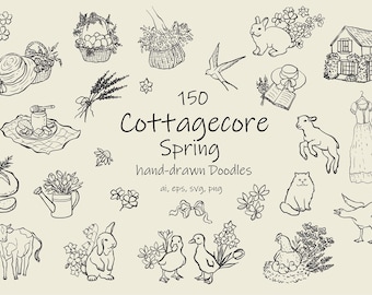 Clipart de Pascua, Conejo de Pascua, Clipart, Flores estilo Cottagecore, Cordero, Marcos, Animales de granja, Huevos, Jardín, Pasatiempo, Garabatos extravagantes, Festividades, SVG