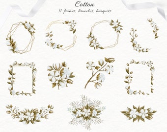 Watercolor Cotton Flower Frames Clipart Borders Bouquets Branch Gold Arrangement Leaves Wedding Set Card Aquarelle Crystal PNG Fabric Logo