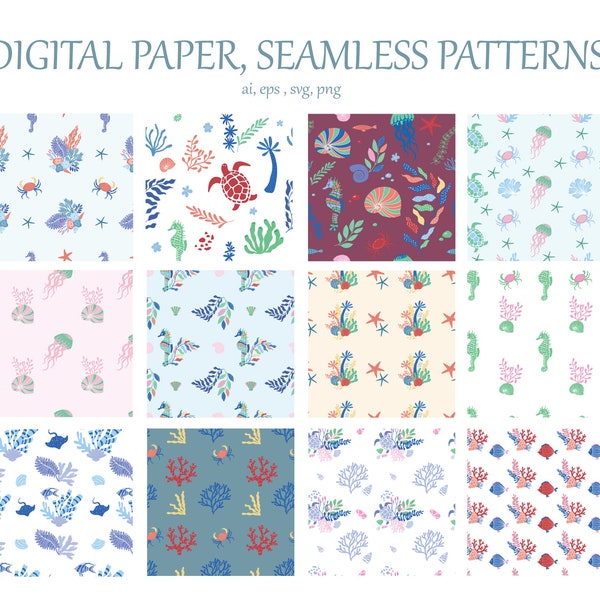 Digital Paper, Sealife Clipart, Seahorse, Octopus, Underwater, Jellyfish, Fish, Sea star, Turtle, Pattern, Seaweeds, Crab, Sea Animals, SVG