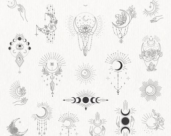 Moon Clipart Crystal Phases Women Head Floral Leaves Lunar Flowers Magic Plant Spiritual Branch Tattoo Logo Astrology Yoga Cosmic PNG SVG